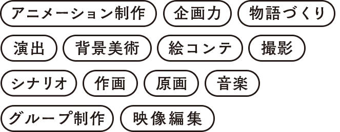 アニメーション制作 / 企画力 / 物語づくり / 演出 / 背景美術 / 絵コンテ / 撮影 / シナリオ / 作画 / 原画 / 音楽 / グループ制作 / 映像編集