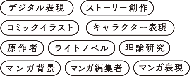 デジタル表現 / ストーリー創作 / コミックイラスト / キャラクター表現 / 原作者 / ライトノベル / 理論研究 / マンガ背景 / マンガ編集者 / マンガ表現