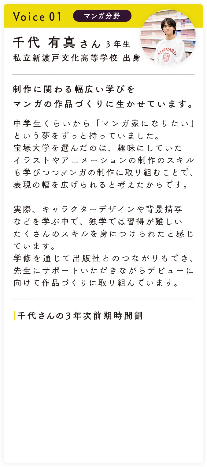 voice 01 マンガ分野 千代 有真（ちしろ あるま）さん 3年生。制作に関わる幅広い学びをマンガの作品づくりに生かしています。中学生くらいから「マンガ家になりたい」という夢をずっと持っていました。宝塚大学を選んだのは、趣味にしていたイラストやアニメーションの制作のスキルも学びつつ、マンガの制作に取り組むことで、表現の幅を広げられると考えたからです。実際、キャラクターデザインや背景描写などを学ぶ中で、独学では習得が難しいいたくさんのスキルを身につけられたと感じています。学修を通じて出版社とのつながりもでき、先生にサポートいただきながらデビューに向けて作品づくりに取り組んでいます。千代さんの3年次前期時間割：月曜は絵本表現I、火曜はメンタルヘルス概論A、水曜は写真史とポートフォリオ制作実習B、木曜はマンガ制作実習Iとストーリーマンガ制作基礎、金曜は西洋文化史・物語文化論・東洋美術史Iが含まれています。