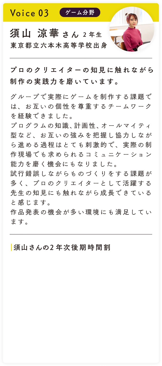 voice 03 ゲーム分野 須山 涼華（すやま りょうか）さん 2年生。プロのクリエイターの知見に触れながら制作の実践力を磨いています。グループで実際にゲームを制作する課題では、お互いの個性を尊重するチームワークを経験できました。プログラムの知識、計画性、オールマイティ型など、お互いの強みを把握し協力しながら進める過程はとても刺激的で、実際の制作現場でも求められるコミュニケーション能力を磨く機会にもなりました。試行錯誤しながらものづくりをする課題が多く、プロのクリエイターとして活躍する先生の知見にも触れながら成長できていると感じます。作品発表の機会が多い環境にも満足しています。須山さんの2年次後期時間割：月曜は3DCG II、火曜は美術解剖学IIA・メンタルヘルス概論B、水曜は日本文学史・芸術鑑賞論・西洋美術史II、木曜はWebデザイン論B・イラストレーション概論II・英語初級II (RW)・韓国語B、金曜は西洋文学史・ゲーム企画演習IIが含まれています。